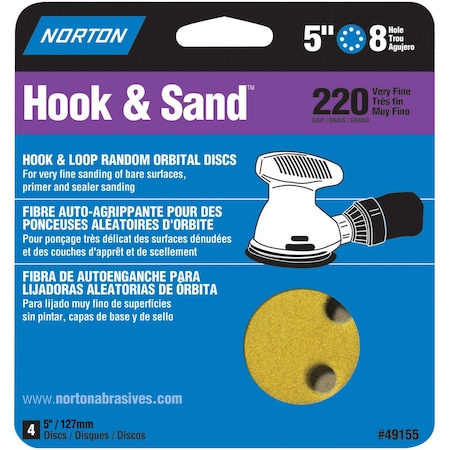 Norton Co 5 in.X8H Disc  Hook & Loop 4Pk P220 49155